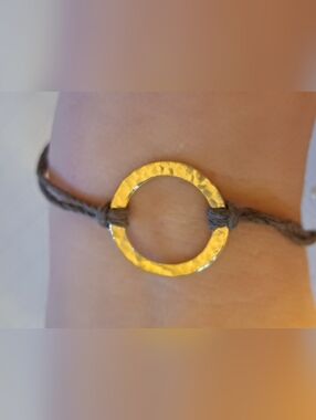 Gold Circle Hammered Pendant Olive Brown Cord Clasp Bracelet -